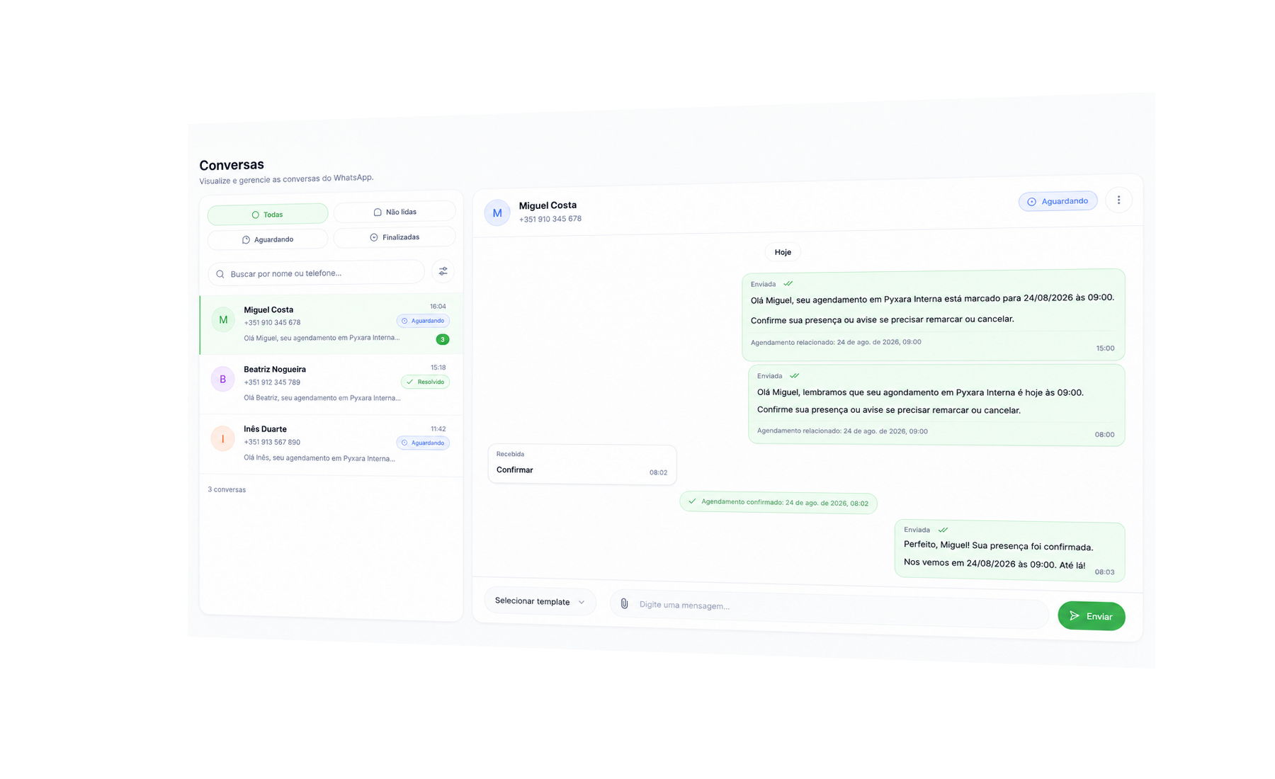 Inbox de conversas do Pyxara Confirm em perspectiva