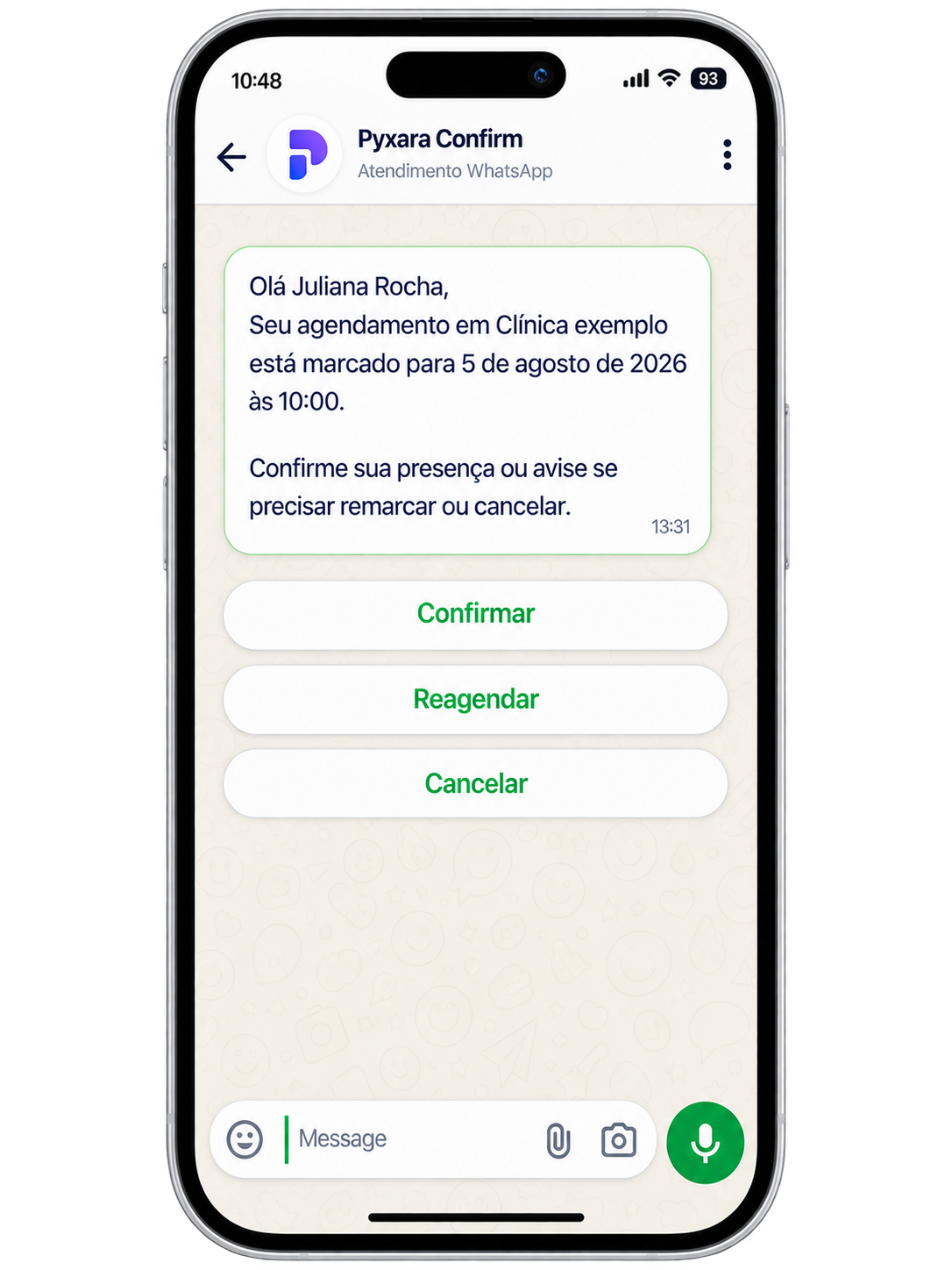Visual mobile do Pyxara Confirm com mensagem de confirmação no WhatsApp